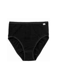 Schwarze Baumwoll-Unterwäsche mit hohem Bund, kontrastierendem dunkelgrünem elastischem Bund und Beinöffnungen. Nahtlose Verarbeitung ohne Muster.