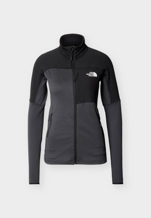Veste en polaire à fermeture zippée intégrale pour femme, manches longues, en gris foncé et noir, avec poche zippée sur la poitrine et logo The North Face sur la poitrine.