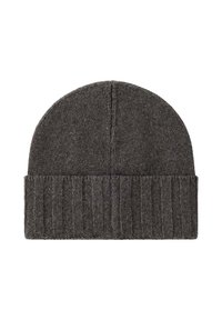 Grijze gebreide beanie met een ribbelboord, met een gladde textuur en een ronde bovenkant, gemaakt van een dikke wolmix.
