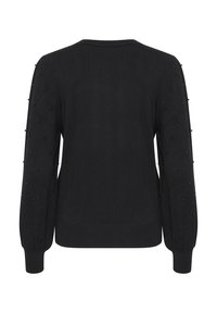 Maglione nero con un motivo a diamante testurizzato sulle maniche, accentuato da piccole perline nere. Collo e polsini a coste, design aderente.
