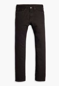 Jean slim noir avec cinq poches et fermeture par bouton, présenté à plat sur un fond blanc.