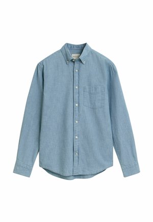 Camicia a maniche lunghe di colore azzurro chiaro realizzata in tessuto chambray. Presenta un colletto con bottoni, una tasca frontale e chiusure a bottoni sulla parte anteriore.