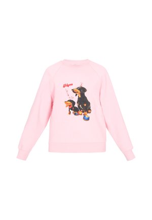 Das pinke Sweatshirt zeigt eine Grafik von zwei Cartoon-Hunden. Das Design beinhaltet bunte Akzente und verspielte Gesichtsausdrücke. Weiche Textur, legerer Schnitt.