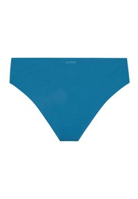Parte inferiore di bikini blu con una texture liscia, a vita media e design minimalista. Presenta un sottile dettaglio del logo sul davanti.