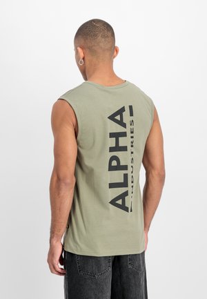 Olive green sleeveless t-shirt featuring a large black vertical logo on the back. Soft fabric with a relaxed fit and rounded neck.
