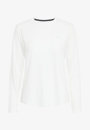 Balta ilga rankovė marškiniai, pagaminti iš minkštos medžiagos, su apvaliu iškirpimu ir subtiliu logotipu krūtinėje. Lygus audinys ir laisvas siluetas.