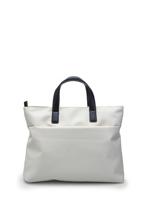 Borsa a spalla bianca con manici blu navy, caratterizzata da una texture liscia, un ampio scomparto principale e una tasca frontale discreta.