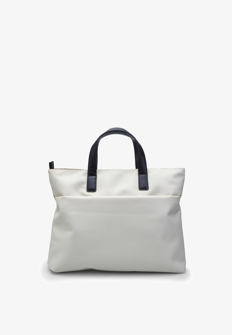 Bílá taška přes rameno s námořnickými modrými uchy, s hladkou texturou, velkým hlavním oddílem a jemnou přední kapsou.