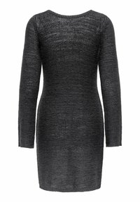 Robe en tricot noire à manches longues, col rond et silhouette épurée. Tissu texturé avec un éclat subtil.