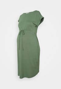 Maternity dress in dark green, made of soft fabric. Features short sleeves, a drawstring waist, and a relaxed fit with side pockets.