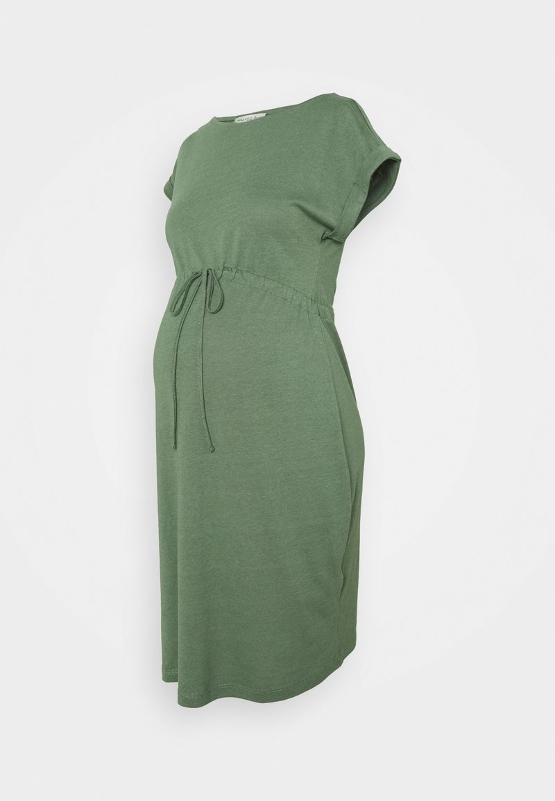 Maternity dress in dark green, made of soft fabric. Features short sleeves, a drawstring waist, and a relaxed fit with side pockets.