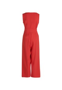 Jumpsuit rosso senza maniche con vita aderente e gamba ampia. Tessuto liscio; presenta una cerniera nascosta sul retro. Design pulito e moderno.