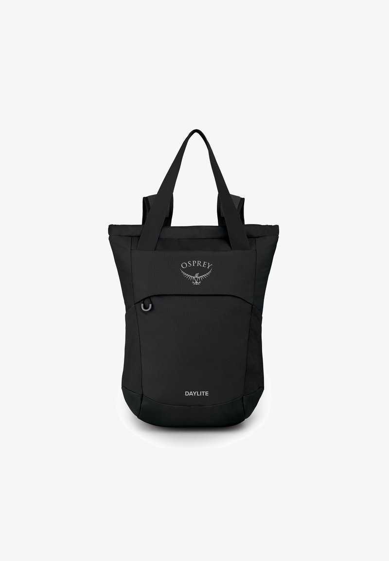 Black fabric tote bag with dual handles, featuring a front pocket, embossed logo, and a durable, textured surface. Bottom is rounded.