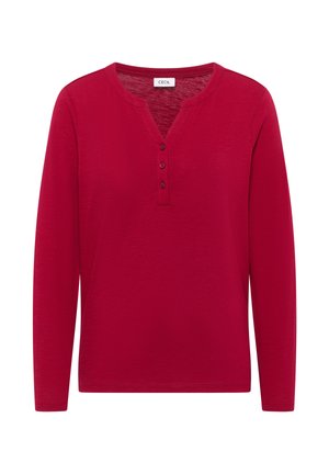 Czerwona, długorękawowa koszula wykonana z lekkiego materiału. Posiada dekolt henley z trzema guzikami oraz luźny krój. Gładka tekstura z elastycznością.