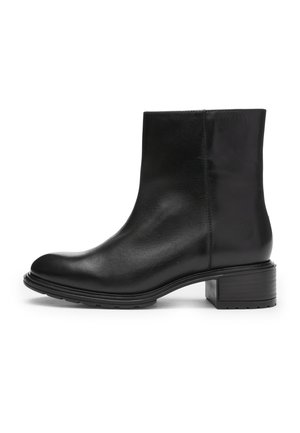 Black leather ankle boot with low block heel and round toe, smooth finish, side stitching, and rubber sole.