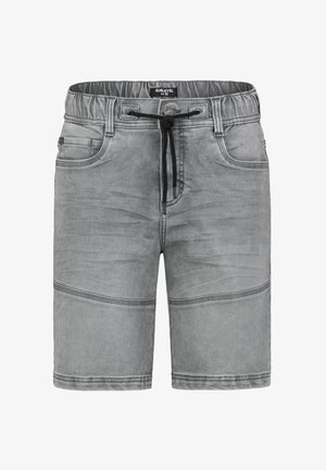 Graue Denim-Shorts mit elastischem Bund und Kordelzug. Sie verfügen über zwei Fronttaschen und eine leicht ausgebleichte Textur mit genähten Akzenten.