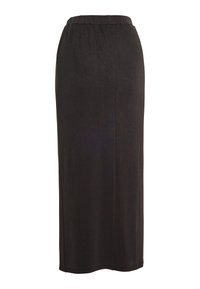Zwarte, knielange rok gemaakt van ribbelstof met een elastische tailleband. Heeft een rechte silhouet en een eenvoudige zoom.
