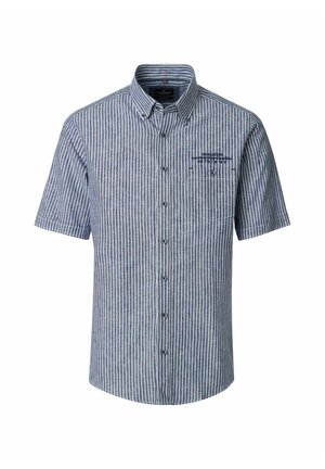 Kurzarmhemd mit vertikalen blauen und weißen Streifen, Button-down-Kragen, Brusttasche und kleinem gesticktem Logo über der Tasche.