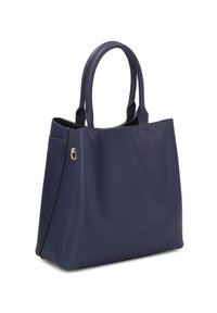 Námornícky modrá taška z umlej kože s dvoma držadlami, hladkou textúrou, štruktúrovaným tvarom a zlatým kovovým detailom na boku.