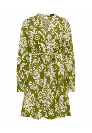 Abito verde a maniche lunghe con motivo paisley floreale bianco, scollo a V, polsini con bottoni e cintura in tessuto abbinato in vita.