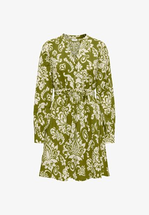 Green long-sleeve dress with white floral paisley pattern, V-neck, button cuffs, and a matching fabric belt at the waist.