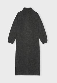 Rochie tricotată cu guler înalt, de culoare gri închis, având mâneci lungi, o croială lejeră și fente laterale pentru libertate de mișcare. Material moale, texturat.