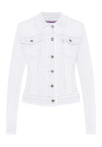 Chaqueta de mezclilla blanca con collar, dos bolsillos frontales, dobladillo desgastado y botones plateados. Presenta mangas largas y un diseño ajustado.