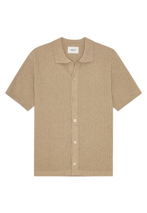 Beige Strick-Poloshirt mit kurzen Ärmeln, fünf Knöpfen vorne und einem strukturierten Muster.