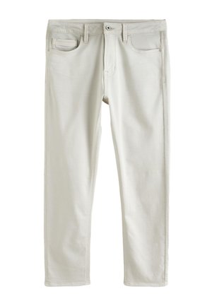 Pantalon beige clair à coupe droite, avec passants de ceinture, bouton à l'avant, fermeture éclair et design à cinq poches sur fond blanc.