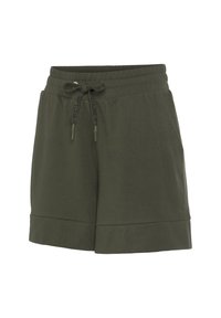 Olive green cotton shorts with a drawstring waist, featuring side pockets and a folded hem. Soft texture with a relaxed fit.