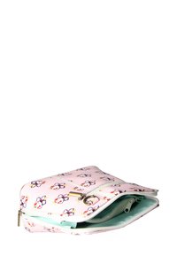 Borsa con zip rosa caratterizzata da un motivo floreale, tessuto strutturato, doppio scomparto e accenti in metallo argentato.