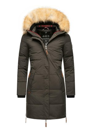 Dark green padded coat with a detachable faux fur hood, zippered front, side pockets, and ribbed cuffs. Accents in tan leather.
