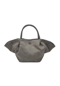 Borsa a tote in tessuto grigio con manici sagomati, caratterizzata da un corpo rotondo e alette laterali, con un logo sottile sul davanti.