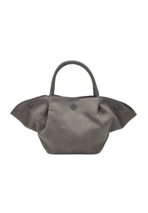 Gray fabric tote bag with molded handles, featuring a rounded body and side flaps, highlighted by a subtle logo on the front.
