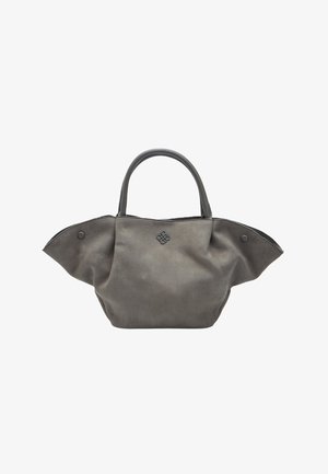 Sac fourre-tout en tissu gris avec des poignées moulées, présentant un corps arrondi et des rabats latéraux, rehaussé par un logo subtil à l'avant.