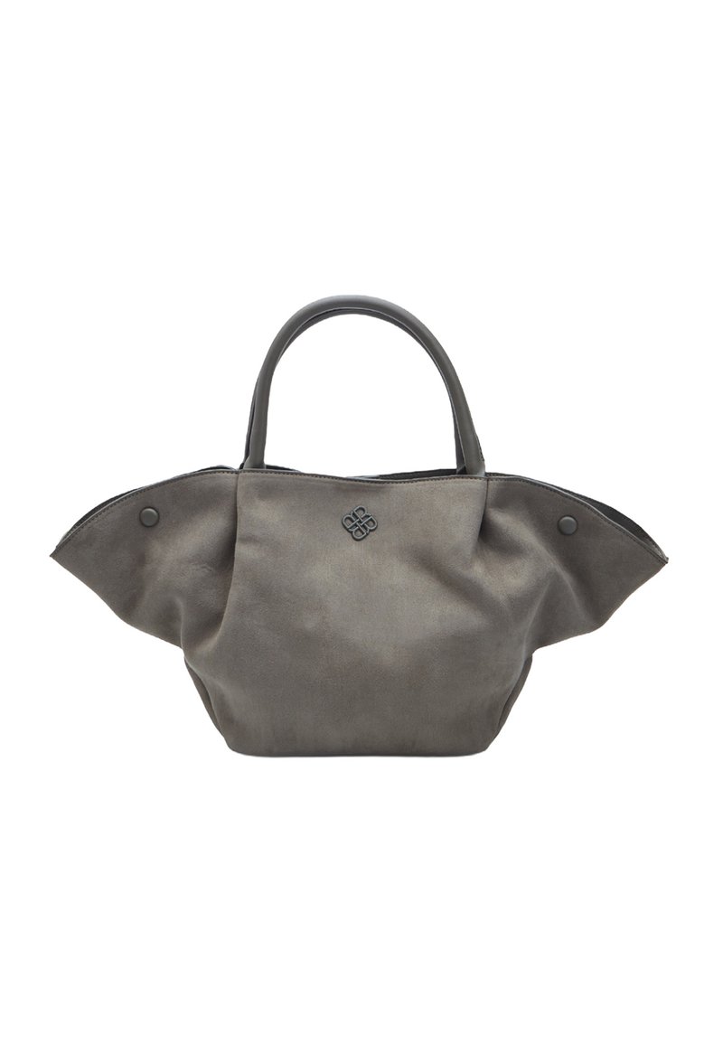Borsa a tote in tessuto grigio con manici sagomati, caratterizzata da un corpo rotondo e alette laterali, con un logo sottile sul davanti.