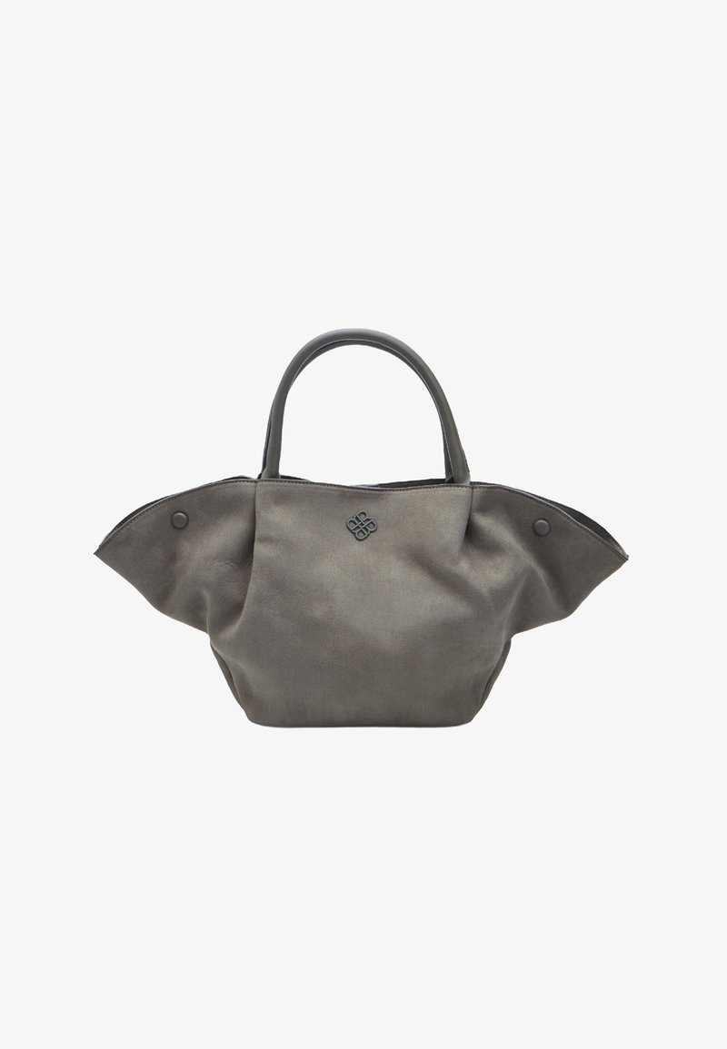 Szürke vászontáska formázott fogantyúkkal, kerek formájú testtel és oldalsó hajtókával, elején diszkrét logóval kiemelve.