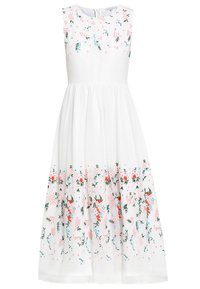 Robe sans manches blanche avec broderie florale en rose, bleu et vert. Design de jupe évasée, tissu léger et fermeture éclair à l'arrière.