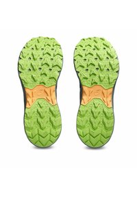 Grüne Gummiaußensohle mit einem strukturierten Muster für Traktion, mit orangen Akzenten im Mittelfußbereich. Entwickelt für Grip und Langlebigkeit.