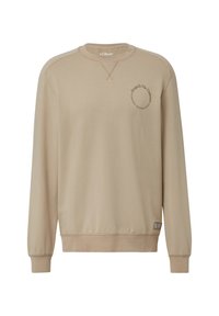 Beige sweatshirt met een ronde halslijn en lange mouwen. Heeft een bedrukt ontwerp op de borst en ribgebreide manchetten en onderkant voor een goede pasvorm.