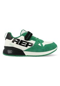 Groene en witte sportschoenen met een combinatie van leer en suede, voorzien van een zwarte band en gedurfde "REP" branding aan de zijkant.