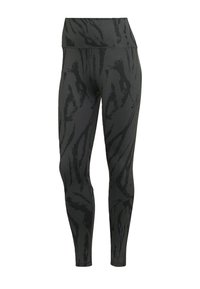 Hoge taille legging in zwart met een subtiel tijgerprint patroon. Gemaakt van rekbare stof met een gladde textuur en een aansluitend ontwerp.