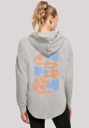 Gray hoodie with a curved hem, featuring a colorful graphic design in orange and blue shapes on the back. Soft fabric, long sleeves, adjustable hood.