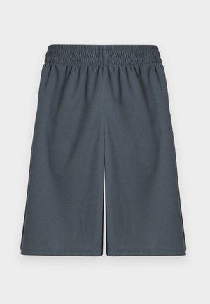 Σκούρο γκρι αθλητικό σορτς με ελαστική μέση, κατασκευασμένο από αεριζόμενο πλεκτό ύφασμα, εμφανίζεται επίπεδο σε ανοιχτό φόντο.