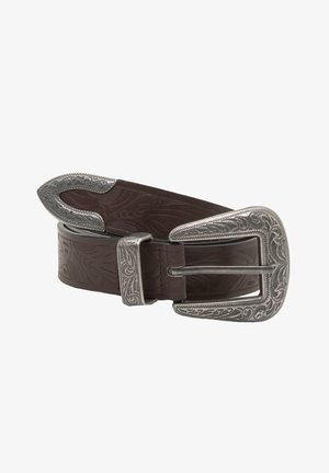 Dark brown leather belt with embossed floral patterns and an ornate silver metal buckle, keeper, and tip.
