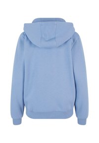 Felpa blu chiaro realizzata in tessuto morbido, con cappuccio spazioso, maniche lunghe e polsini e orlo a costine. Retro semplice senza grafiche.