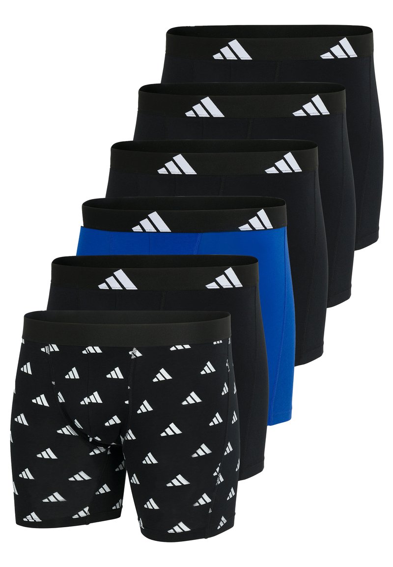 Svarta och blå herrboxershorts med svart midjeband och en kombination av enfärgade och mönstrade designer med vita logotypdetaljer.