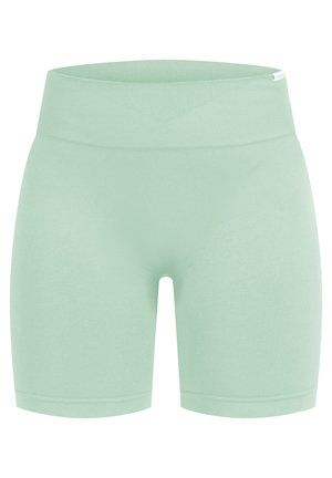 Pantalones cortos deportivos en verde menta con una cinturilla ancha y elástica y textura suave. Presentan un diseño ajustado y longitud hasta la mitad del muslo.
