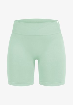 Shorts de sport vert menthe avec une large ceinture élastique et une texture lisse. Présente un design ajusté et une longueur mi-cuisse.