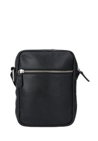 Borsa a tracolla nera in pelle con forma rettangolare, tasca frontale con zip e tracolla regolabile. Texture liscia con design minimalista.